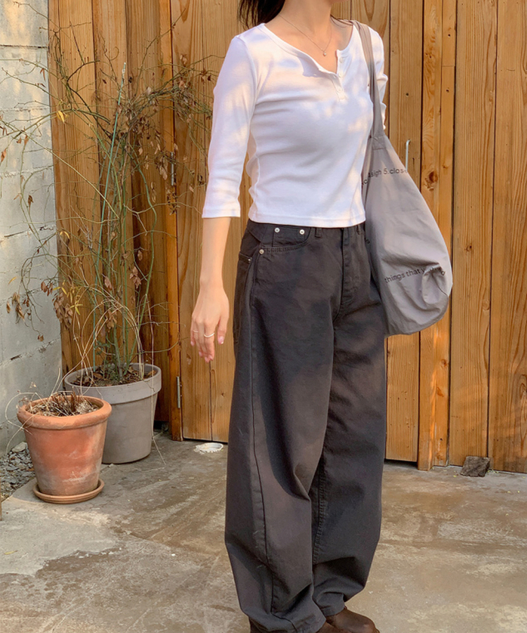 ヘンリーネックボタン7分Tシャツ IVORY