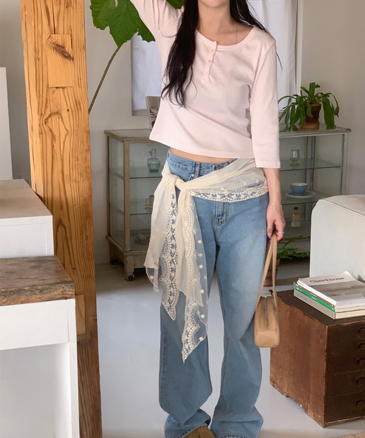 ヘンリーネックボタン7分Tシャツ PINK