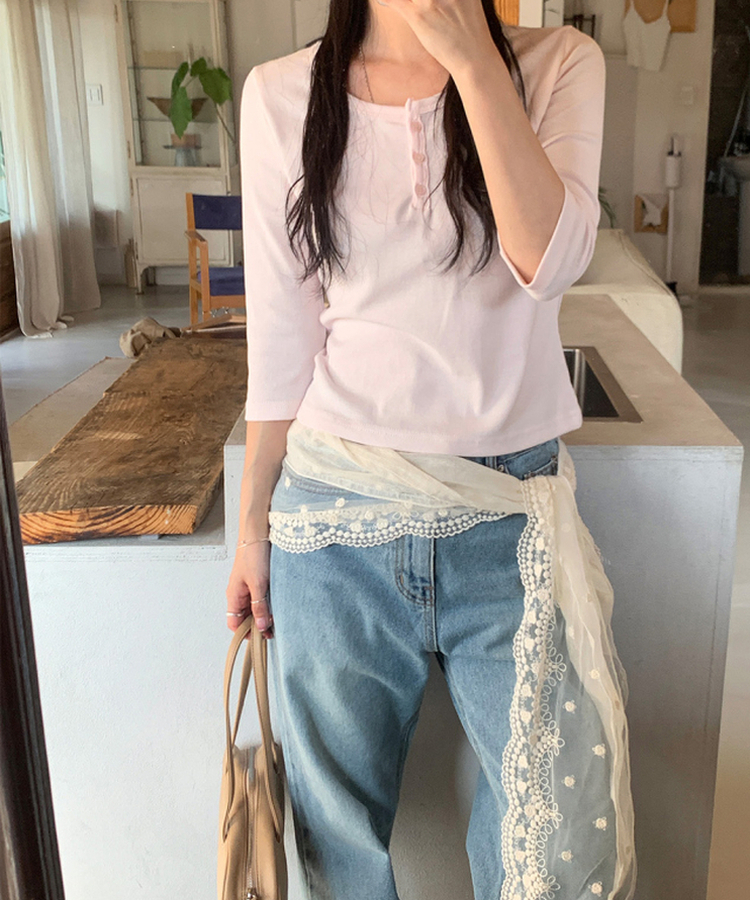 ヘンリーネックボタン7分Tシャツ PINK