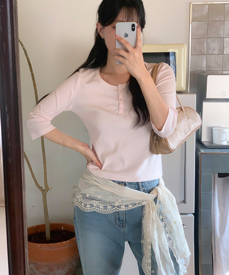 ヘンリーネックボタン7分Tシャツ PINK