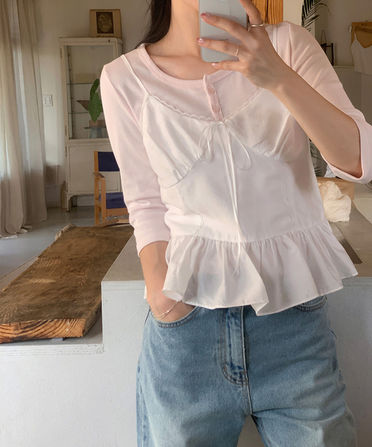 ヘンリーネックボタン7分Tシャツ PINK