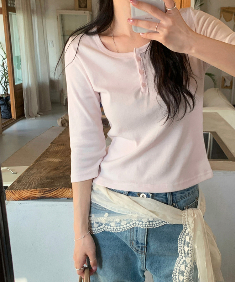 ヘンリーネックボタン7分Tシャツ PINK
