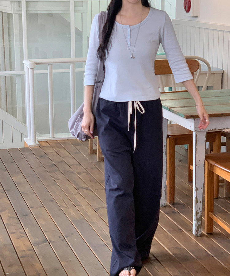 ヘンリーネックボタン7分Tシャツ SKY BLUE