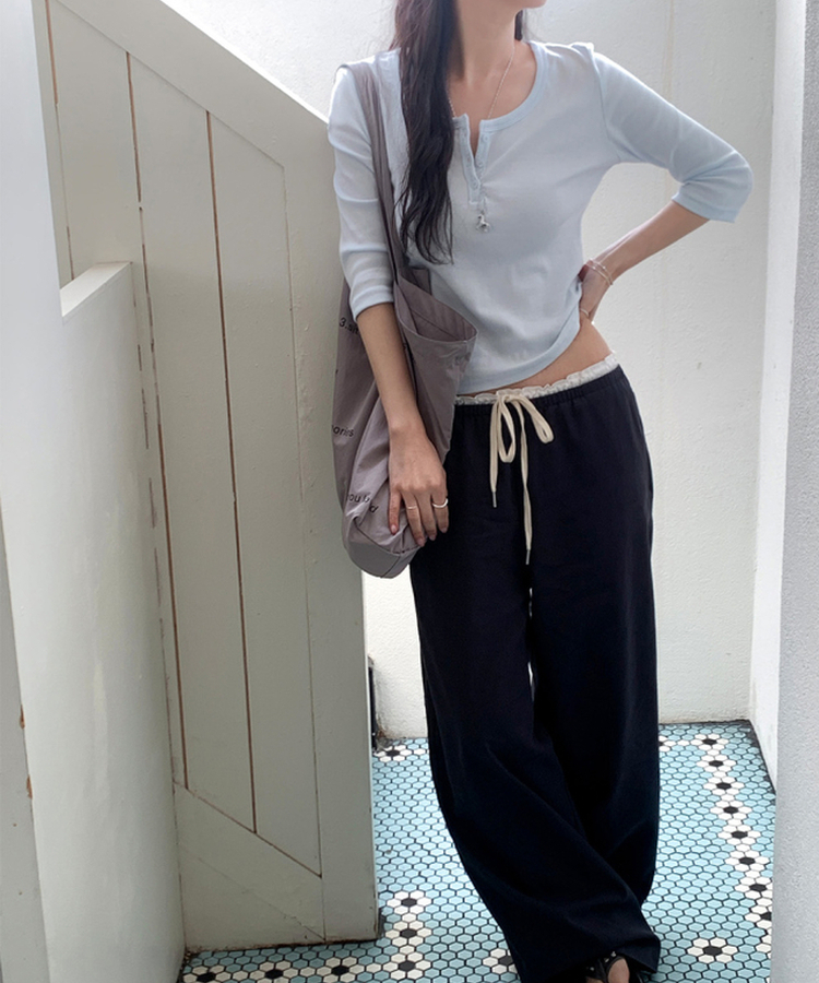 ヘンリーネックボタン7分Tシャツ SKY BLUE