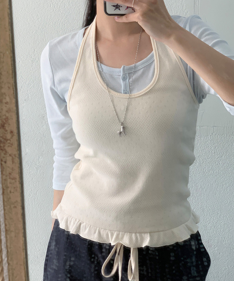 ヘンリーネックボタン7分Tシャツ SKY BLUE