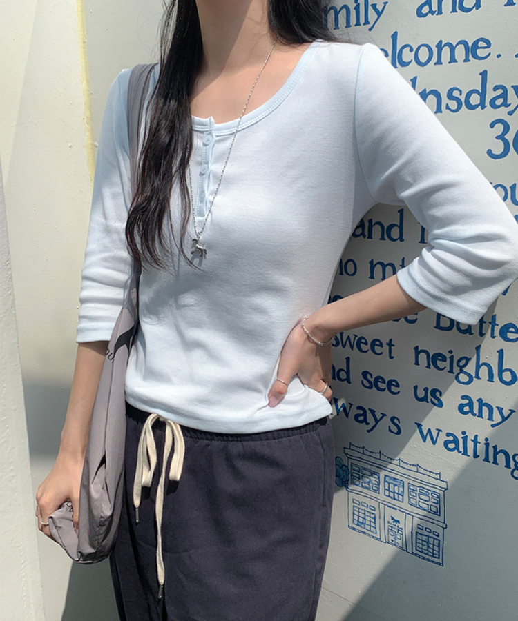 ヘンリーネックボタン7分Tシャツ SKY BLUE