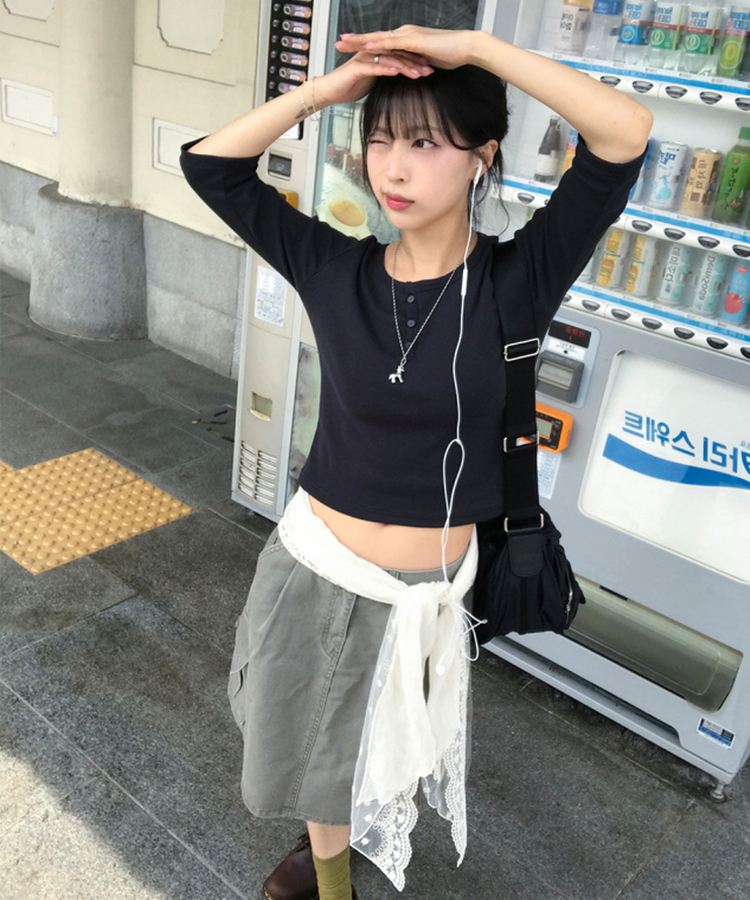 ヘンリーネックボタン7分Tシャツ Charcoal Navy