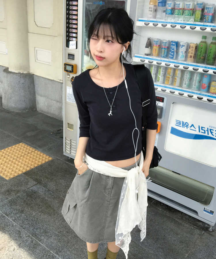 ヘンリーネックボタン7分Tシャツ Charcoal Navy