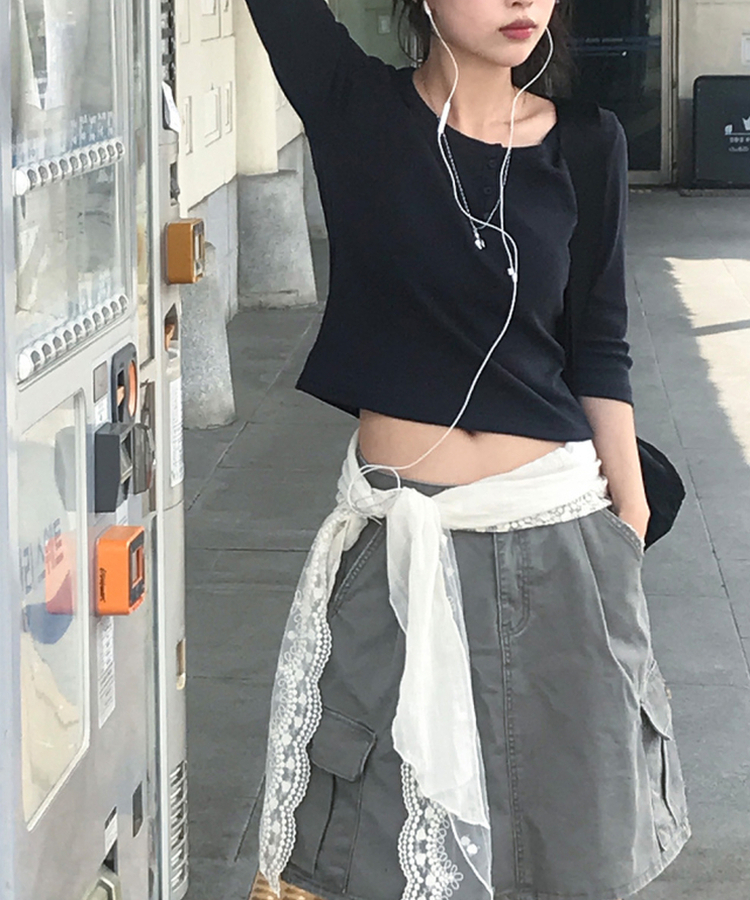 ヘンリーネックボタン7分Tシャツ Charcoal Navy