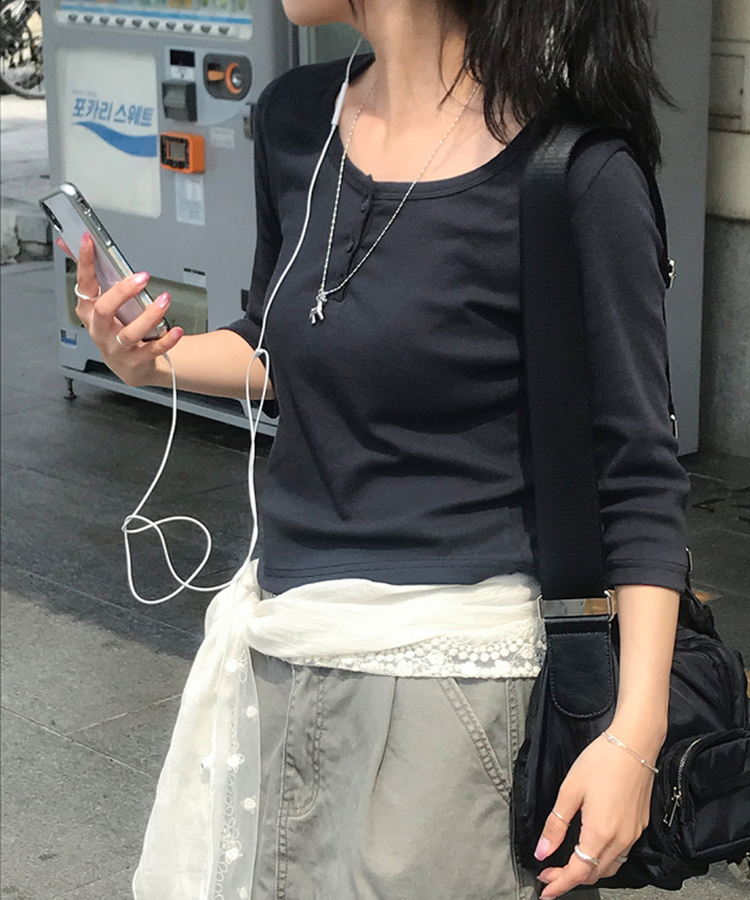 ヘンリーネックボタン7分Tシャツ Charcoal Navy