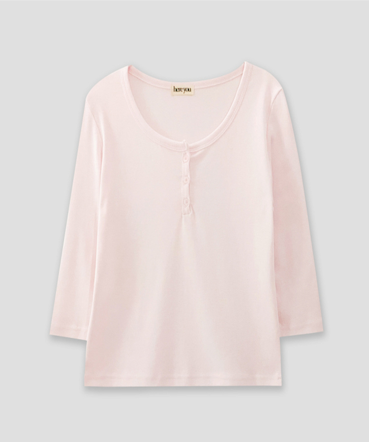 ヘンリーネックボタン7分Tシャツ