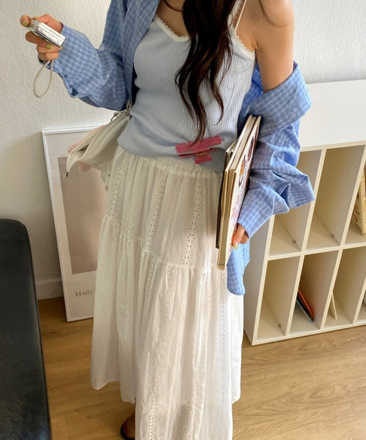 バンディングパンチレースコットンロングスカート WHITE