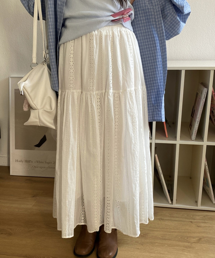 バンディングパンチレースコットンロングスカート WHITE