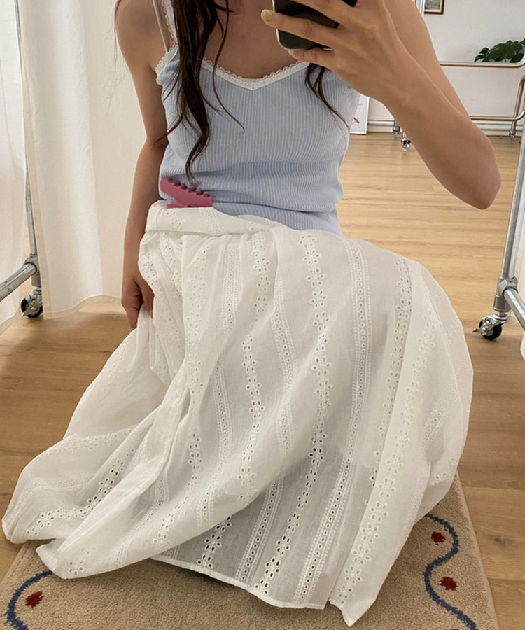 バンディングパンチレースコットンロングスカート WHITE