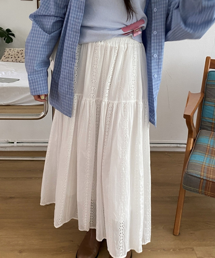 バンディングパンチレースコットンロングスカート WHITE