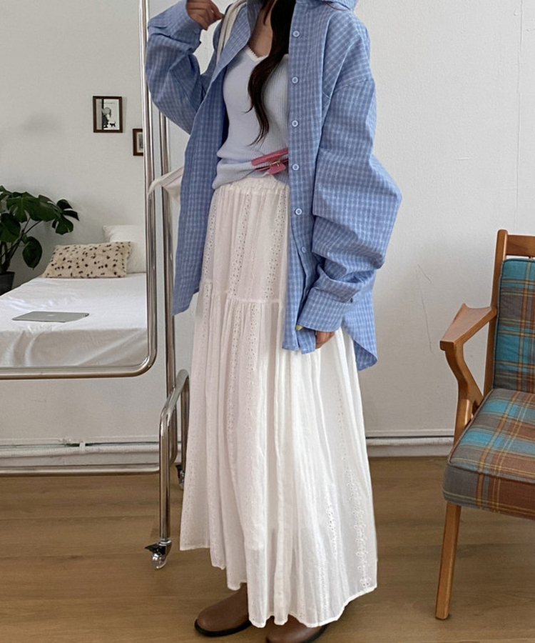 バンディングパンチレースコットンロングスカート WHITE