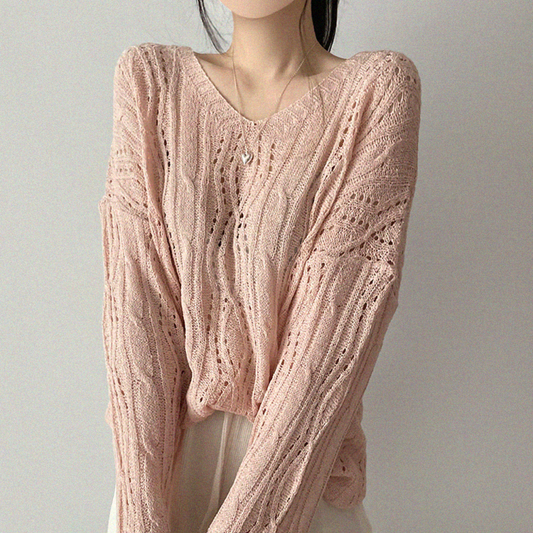 リボンシースルーパンチングサマーニット(5color) PINK