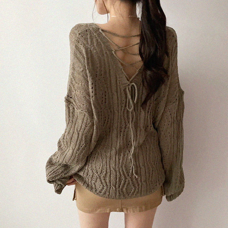 リボンシースルーパンチングサマーニット(5color) KHAKI