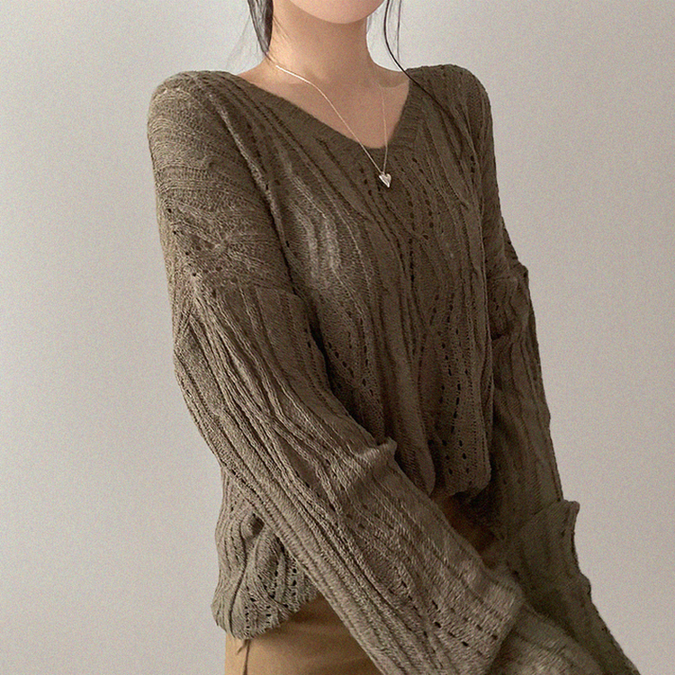 リボンシースルーパンチングサマーニット(5color) KHAKI