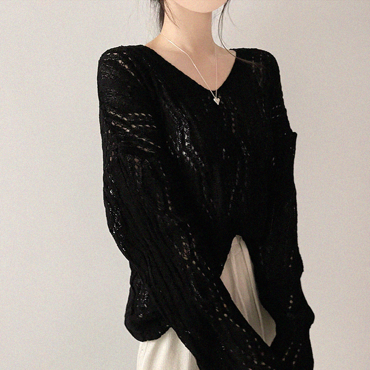 リボンシースルーパンチングサマーニット(5color) BLACK