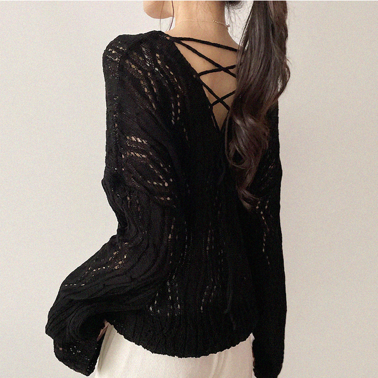 リボンシースルーパンチングサマーニット(5color) BLACK