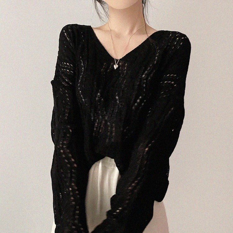 リボンシースルーパンチングサマーニット(5color) BLACK