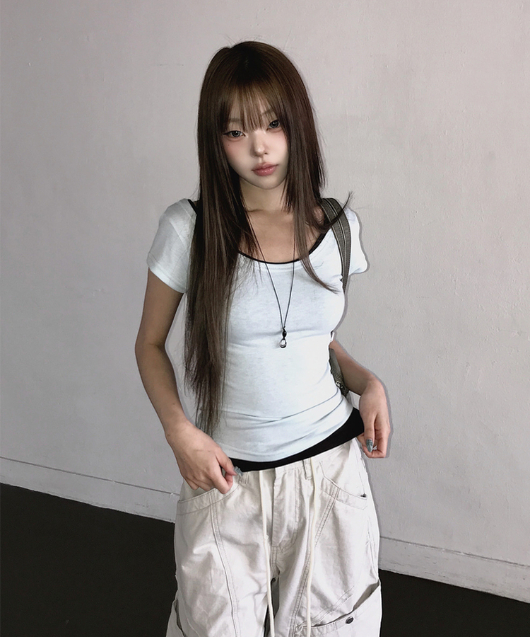 ベーシックスリムUネック半袖Tシャツ(7color) WHITE