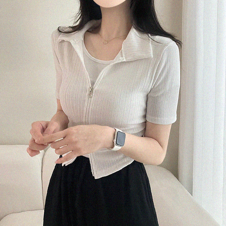 リブ半袖カラージップアップ IVORY