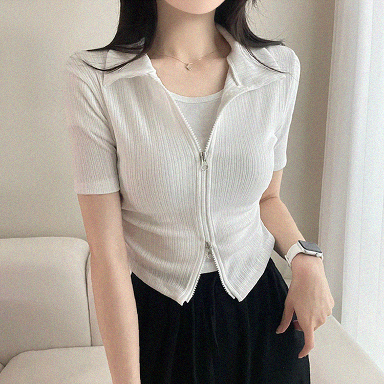 リブ半袖カラージップアップ IVORY