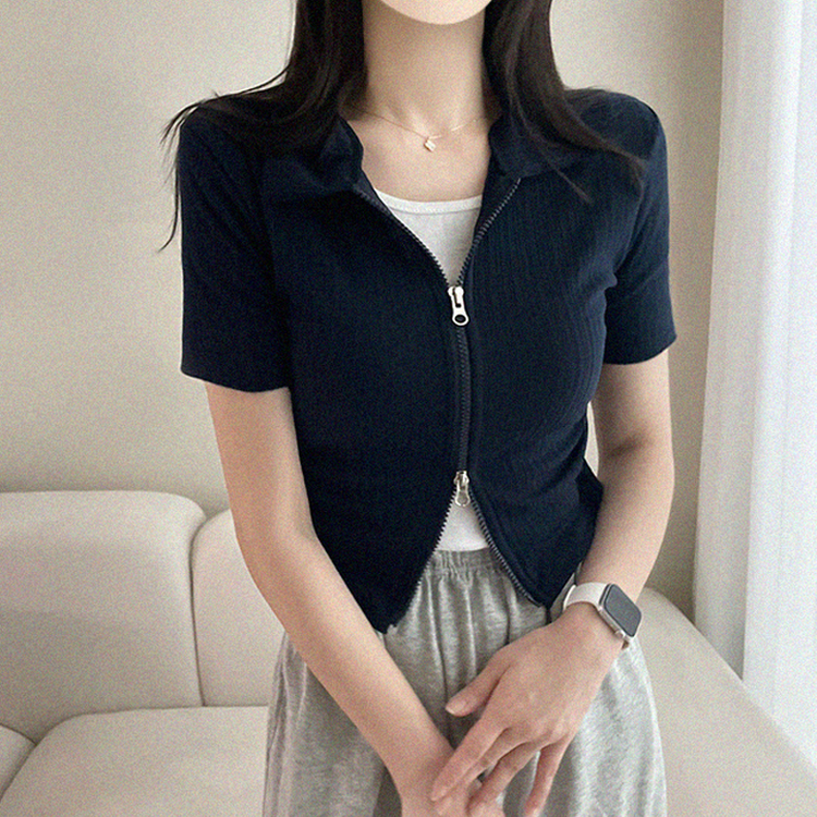 リブ半袖カラージップアップ NAVY