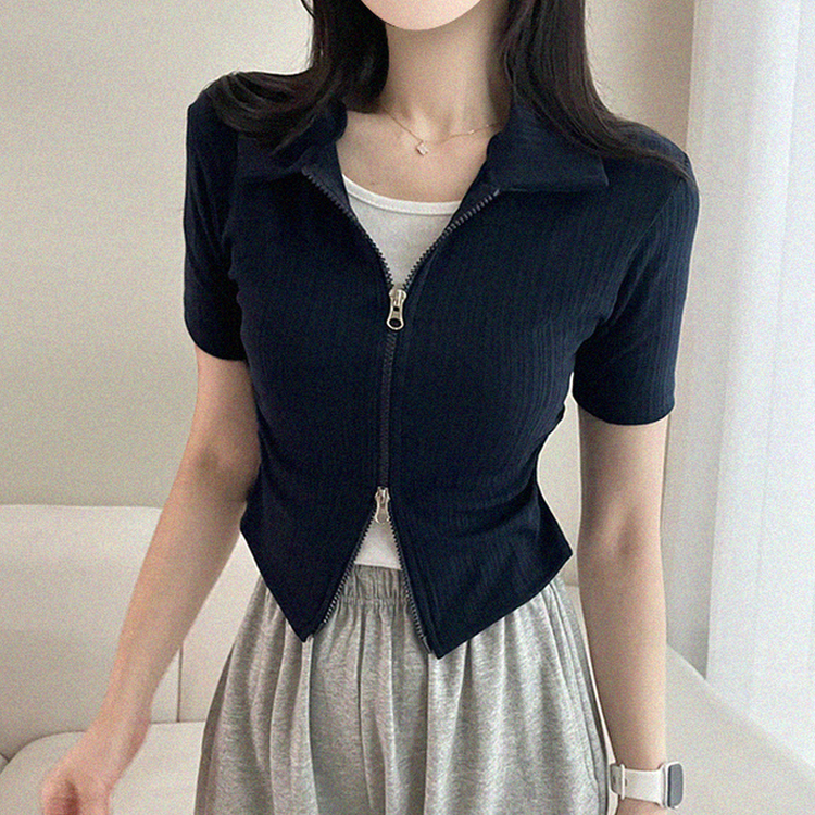 リブ半袖カラージップアップ NAVY