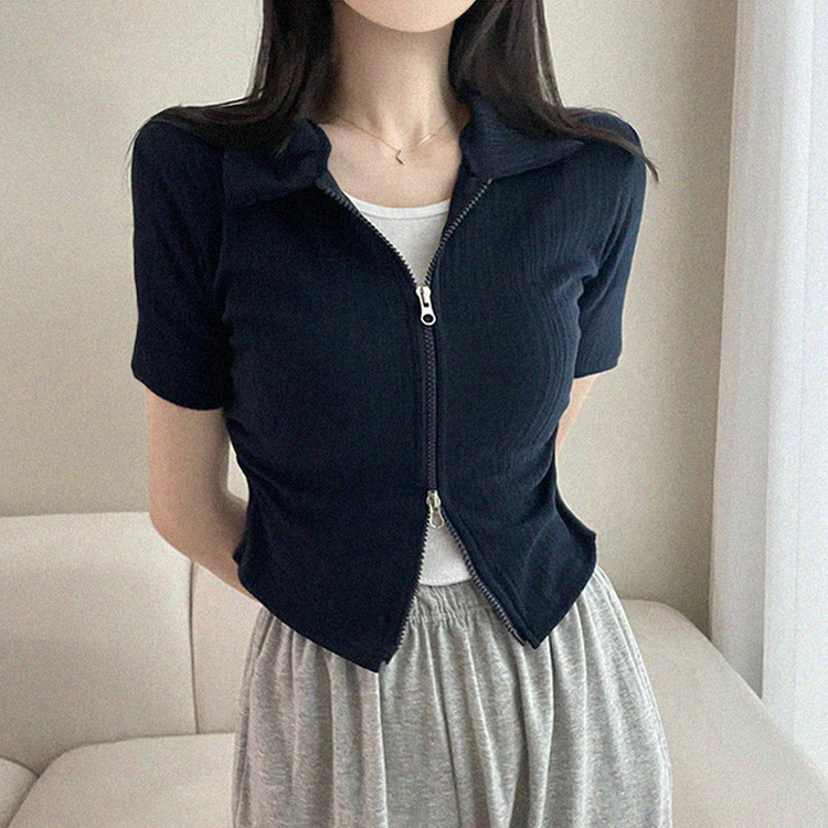 リブ半袖カラージップアップ NAVY