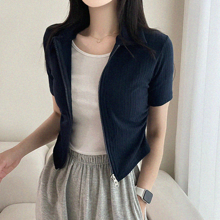 リブ半袖カラージップアップ NAVY