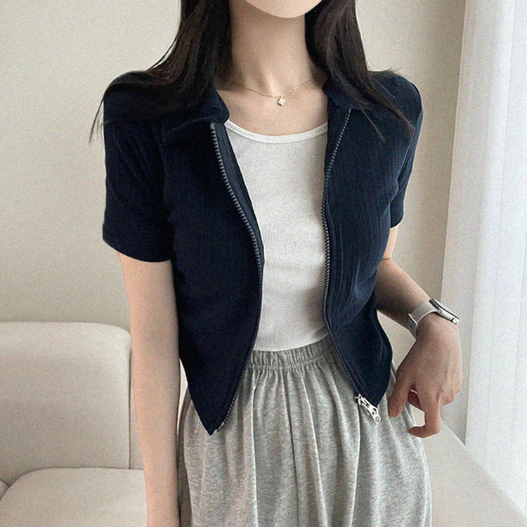 リブ半袖カラージップアップ NAVY