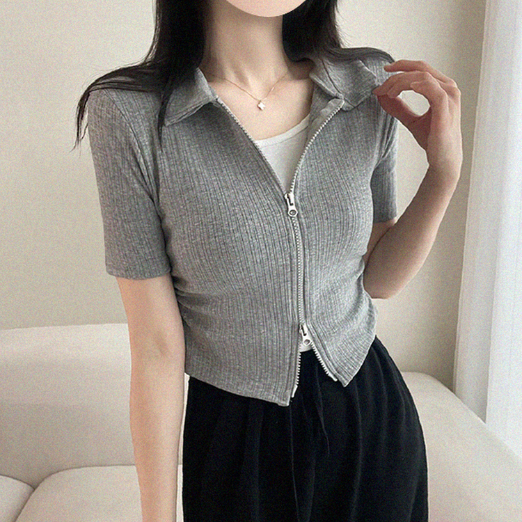 リブ半袖カラージップアップ GRAY