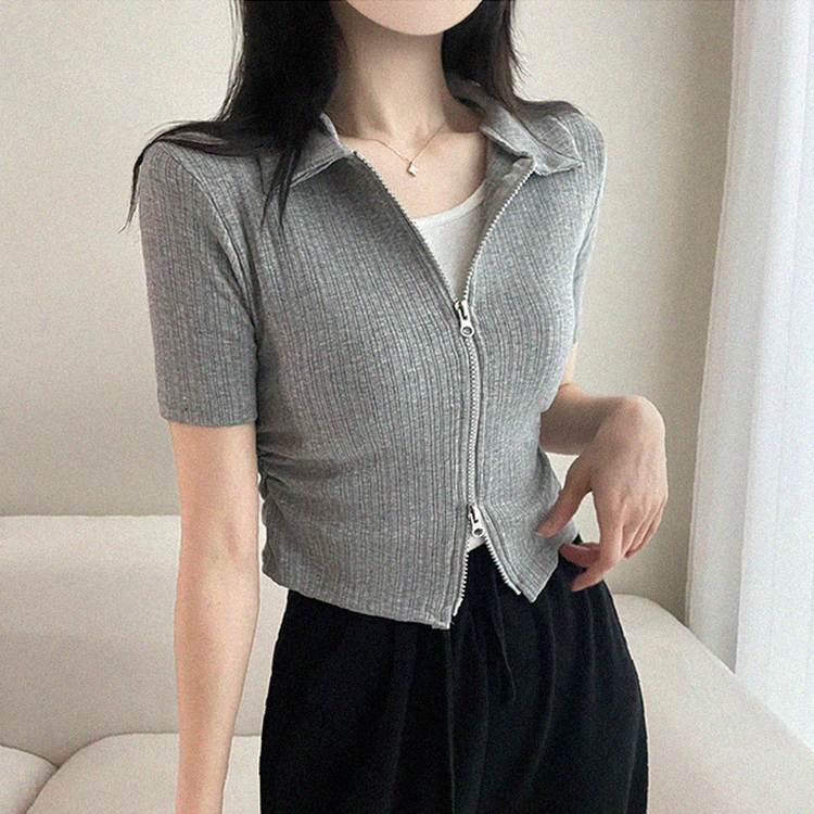 リブ半袖カラージップアップ GRAY