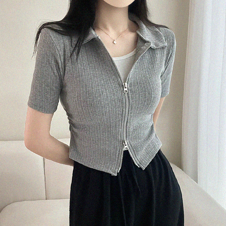 リブ半袖カラージップアップ GRAY