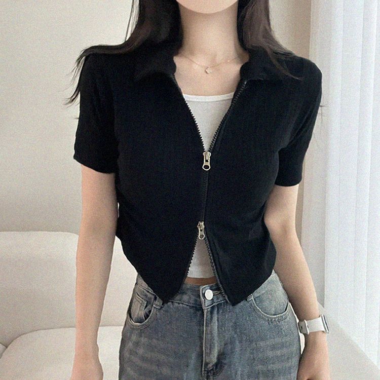 リブ半袖カラージップアップ BLACK