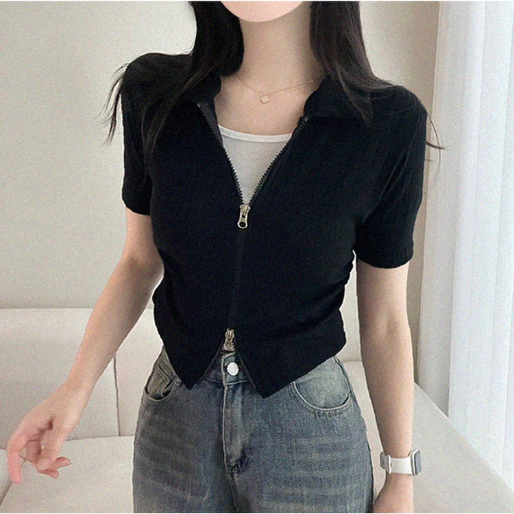 リブ半袖カラージップアップ BLACK