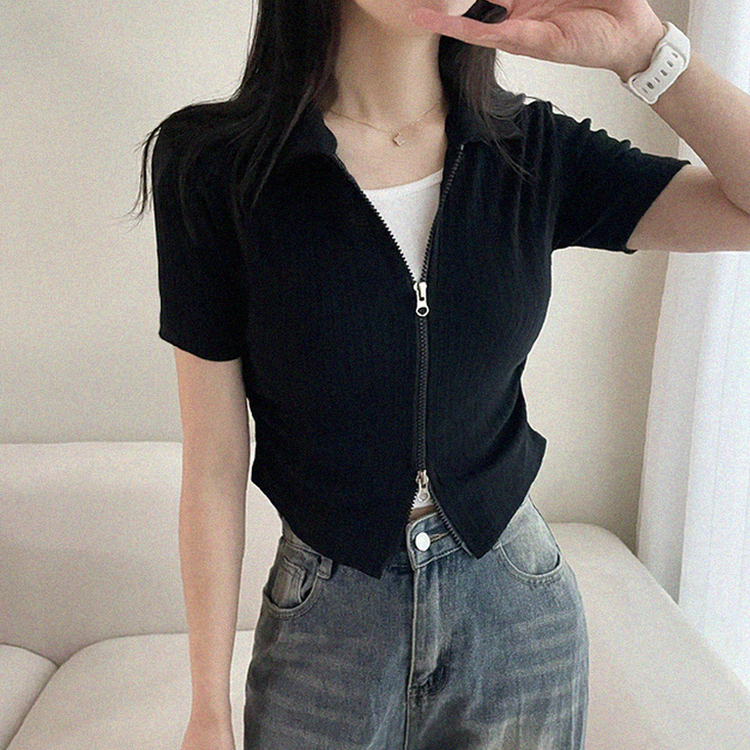 リブ半袖カラージップアップ BLACK