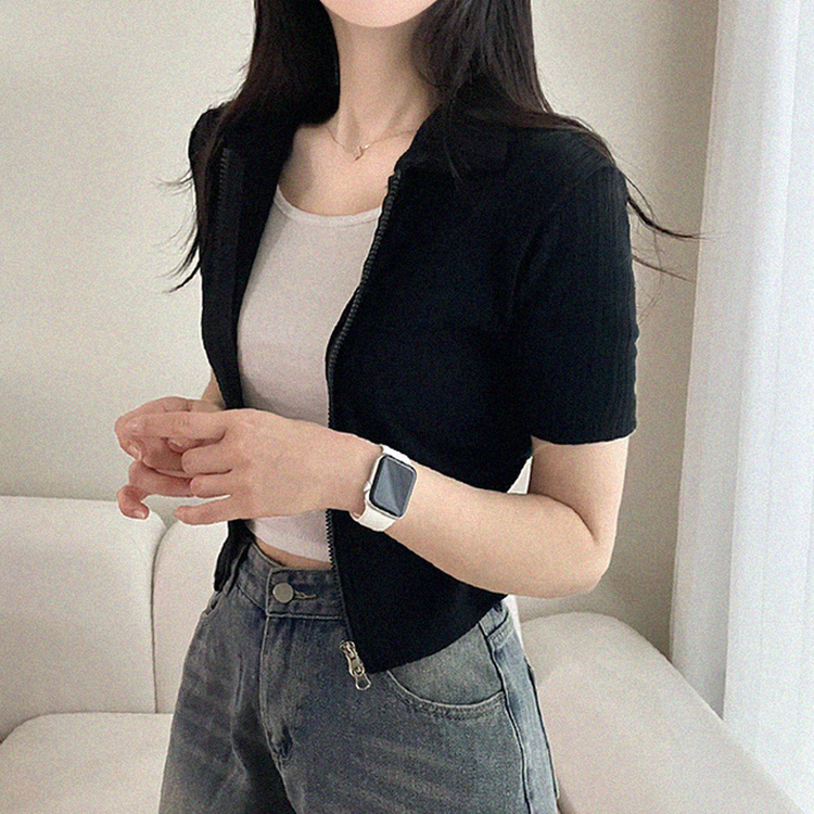 リブ半袖カラージップアップ BLACK