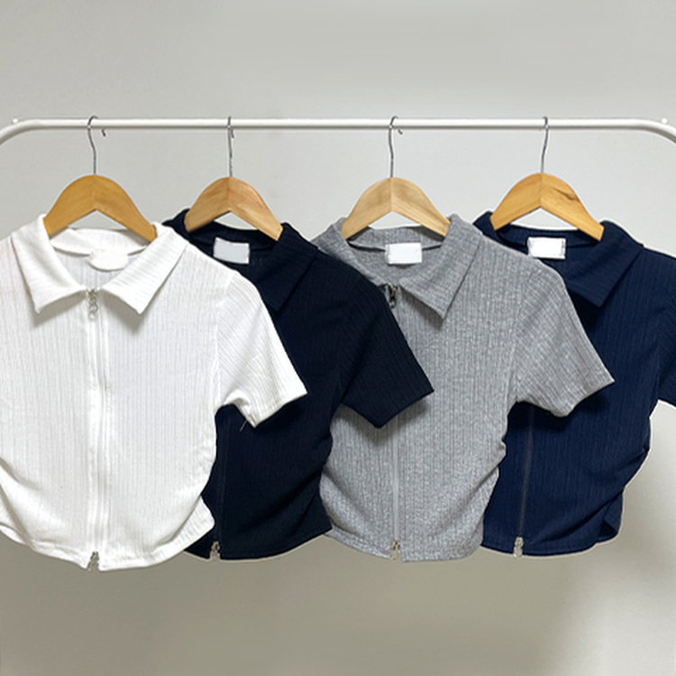 リブ半袖カラージップアップ