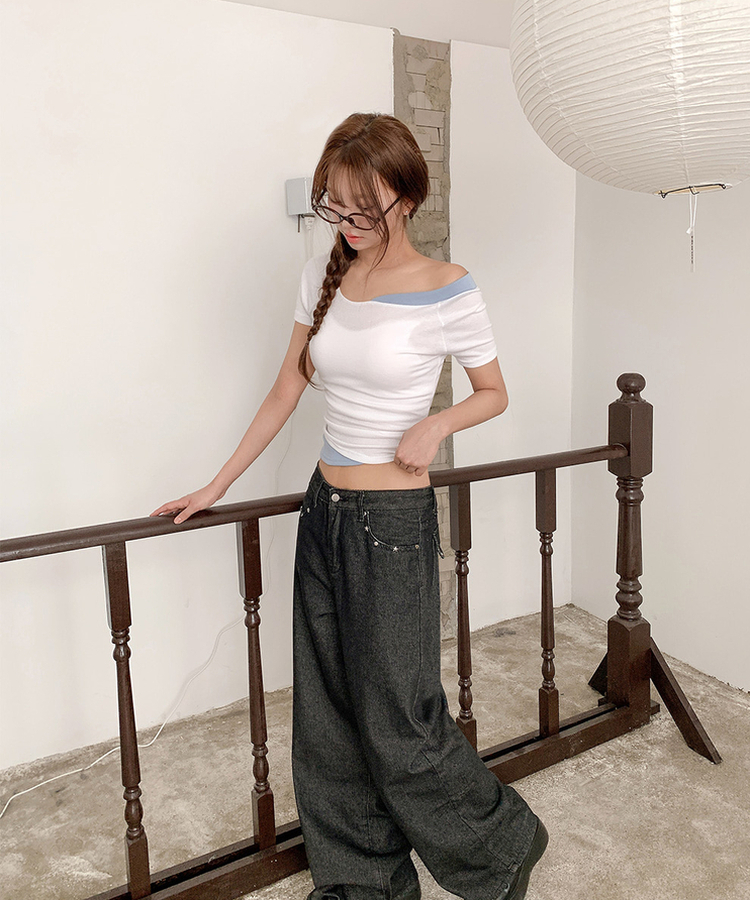 アンバランスレイヤードワンショルダー半袖Tシャツ WHITE