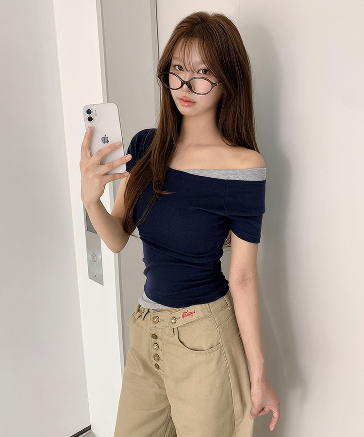 アンバランスレイヤードワンショルダー半袖Tシャツ NAVY