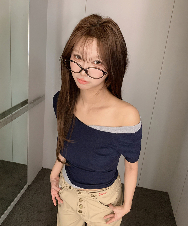 アンバランスレイヤードワンショルダー半袖Tシャツ NAVY