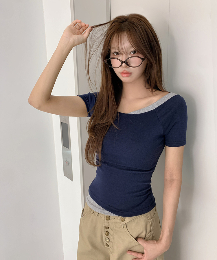 アンバランスレイヤードワンショルダー半袖Tシャツ NAVY