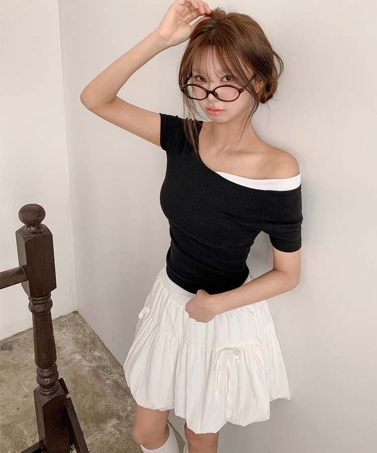 アンバランスレイヤードワンショルダー半袖Tシャツ Black(Winter)