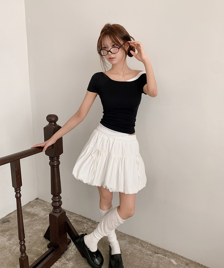 アンバランスレイヤードワンショルダー半袖Tシャツ Black(Winter)