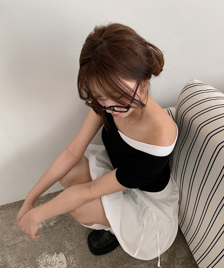 アンバランスレイヤードワンショルダー半袖Tシャツ Black(Winter)