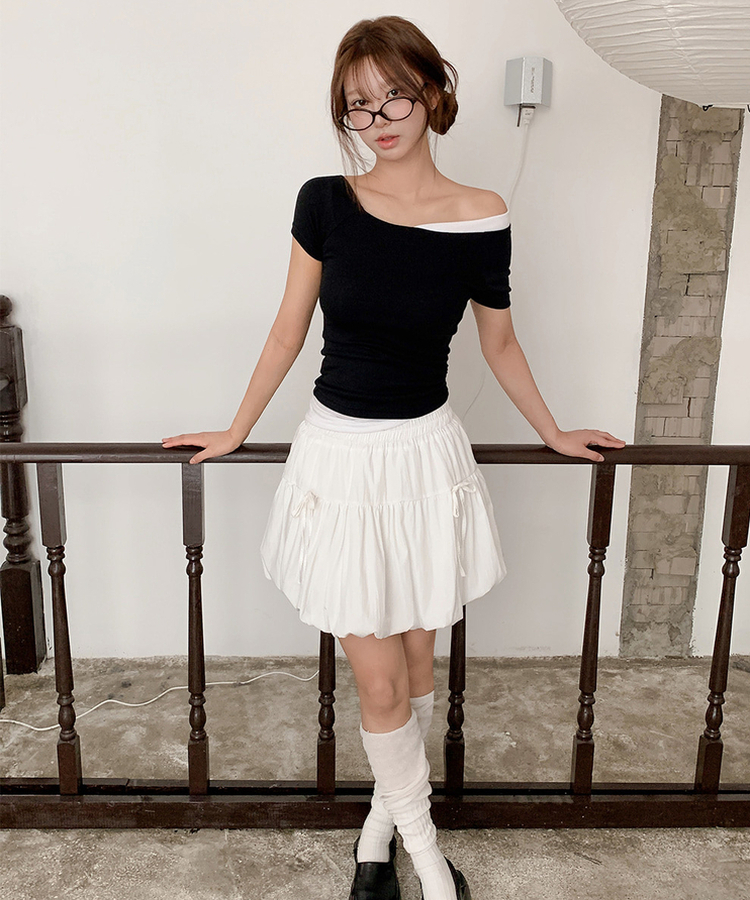 アンバランスレイヤードワンショルダー半袖Tシャツ Black(Winter)